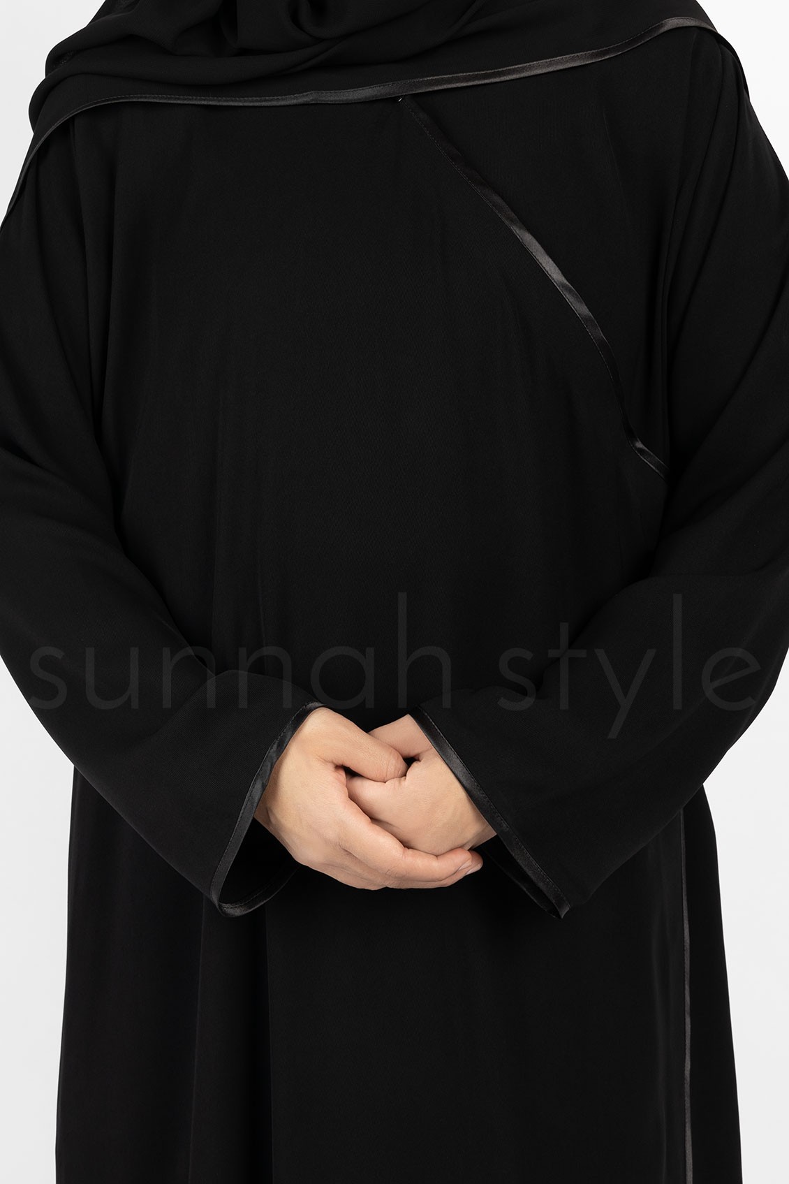Sunnah Style Satin Trimmed Crossover Abaya Black